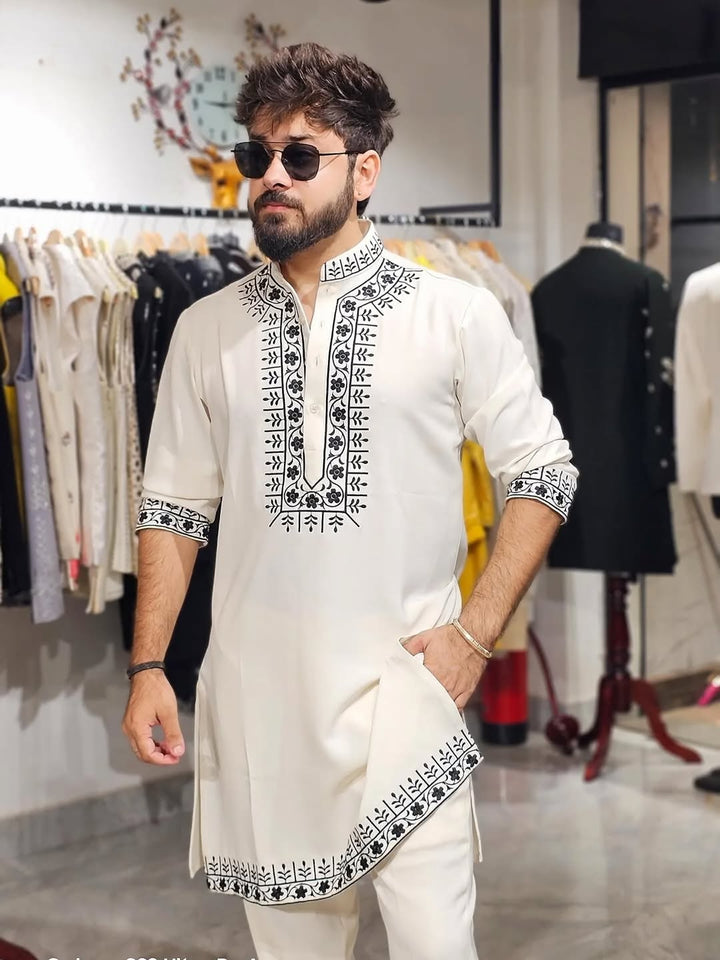 White Hand Embroidered Designer Kurta for Men
