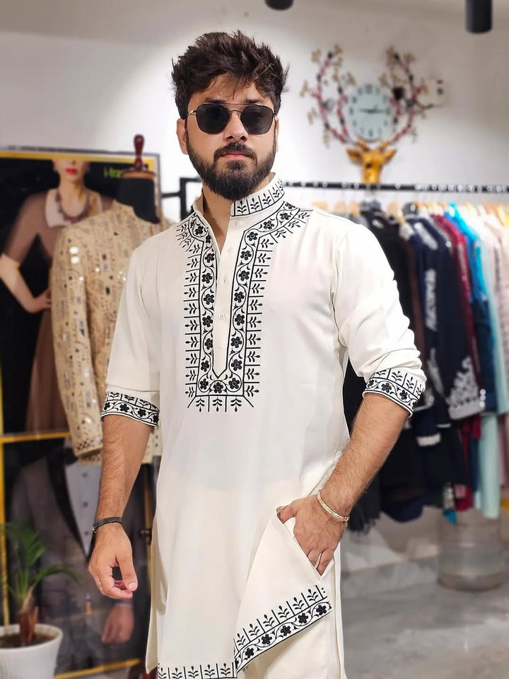 White Hand Embroidered Designer Kurta for Men