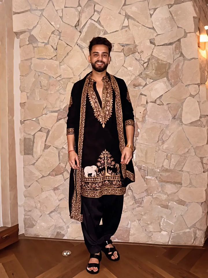 Elvish Yadav Edition Black Embroidered Kurta Set with Dupatta