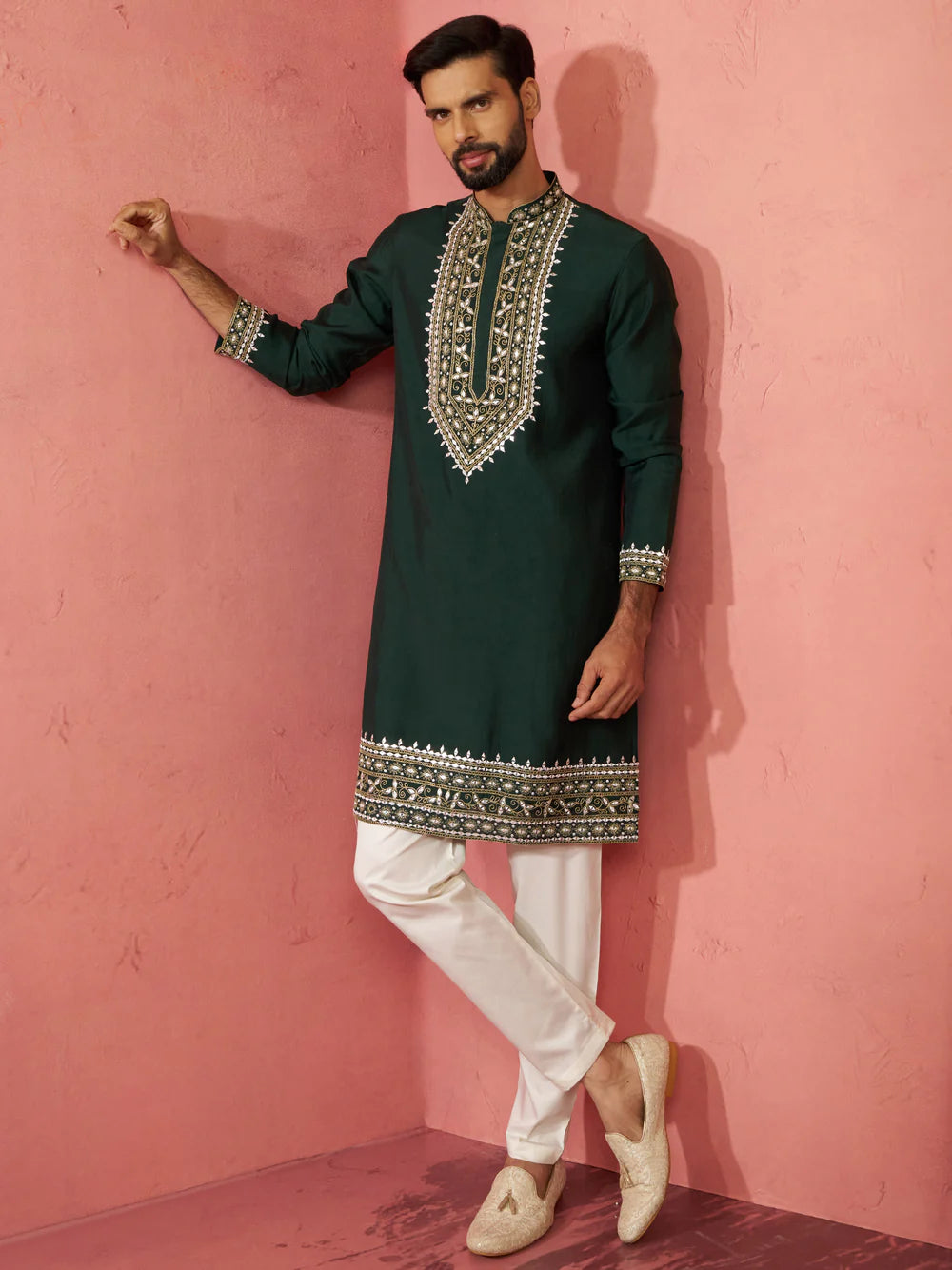Men’s Bottle Green Embroidered Kurta Set