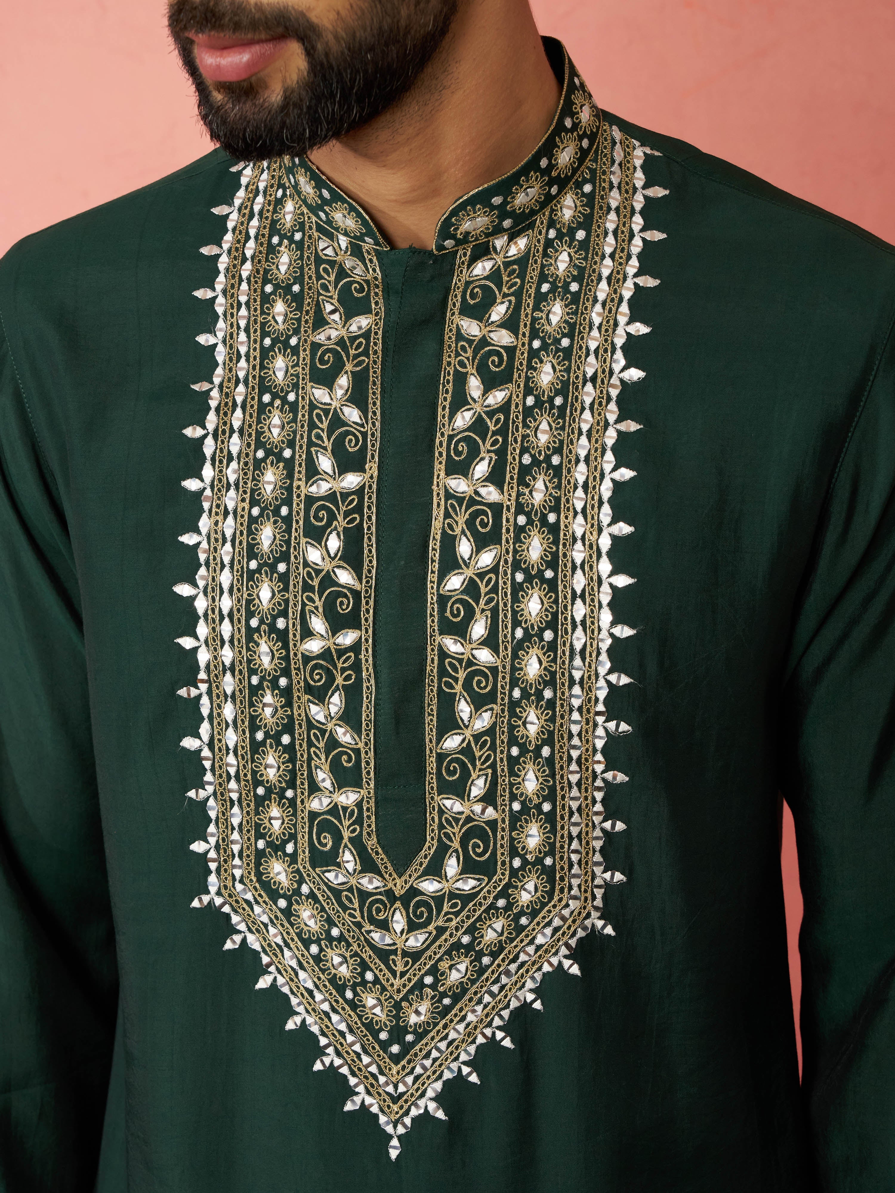 Men’s Bottle Green Embroidered Kurta Set