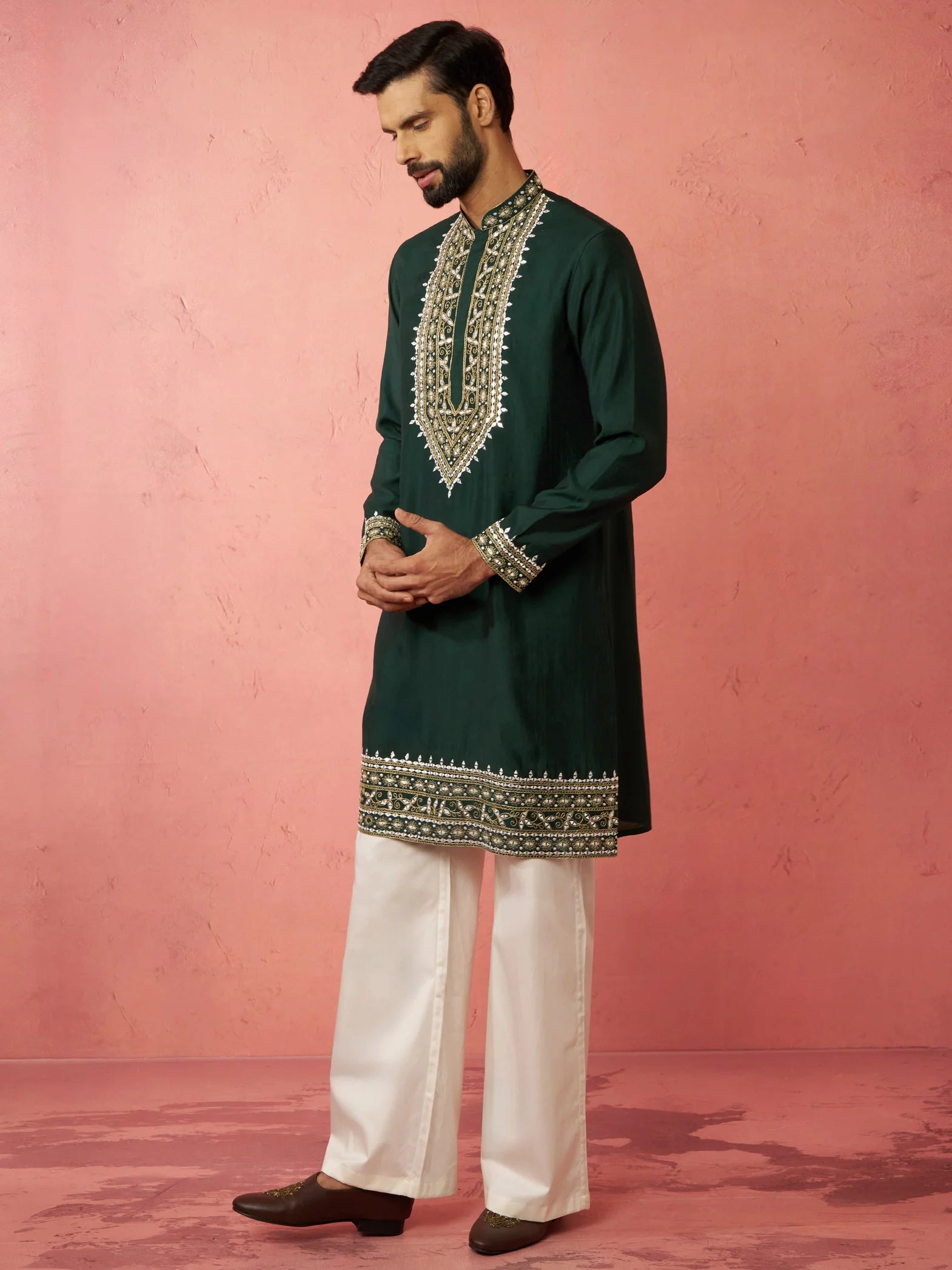 Men’s Bottle Green Embroidered Kurta Set