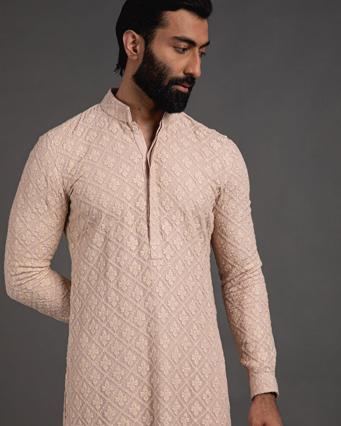 Men’s Beige Self-Embroidered Kurta