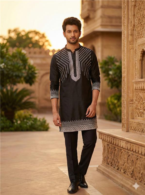 Rhinestone Diamond Black Kurta Set for Men