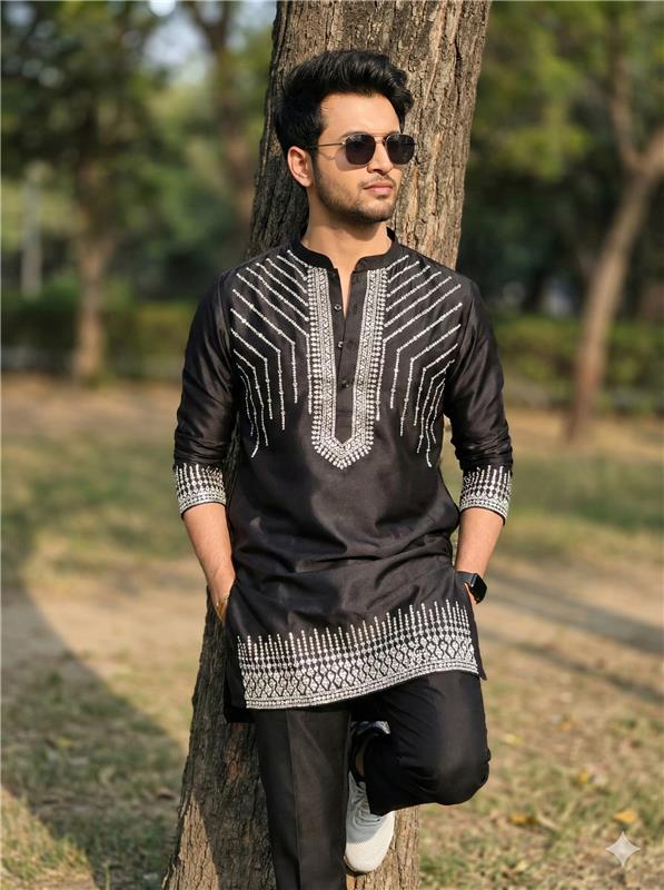 Rhinestone Diamond Black Kurta Set for Men