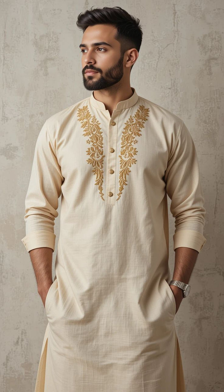 Men’s Cream Kurta with Gold Embroidered Yoke