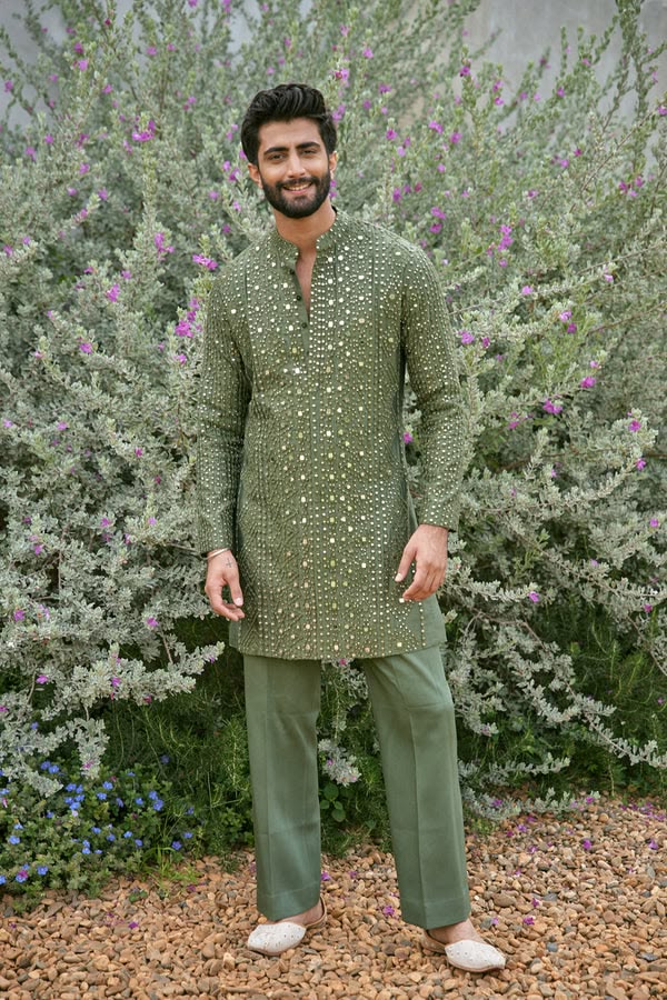 Men’s Olive Green Mirror Work Kurta