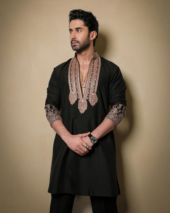 Black Embroidered Kurta Pajama Set for Men